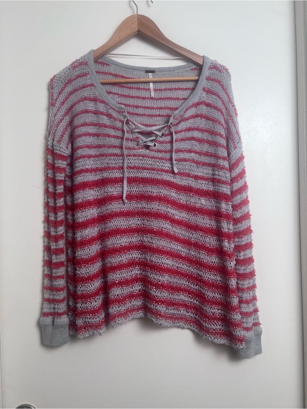 Free People Gray Red Stripe Lace Up Open Knit Oversized Boho Sweater S